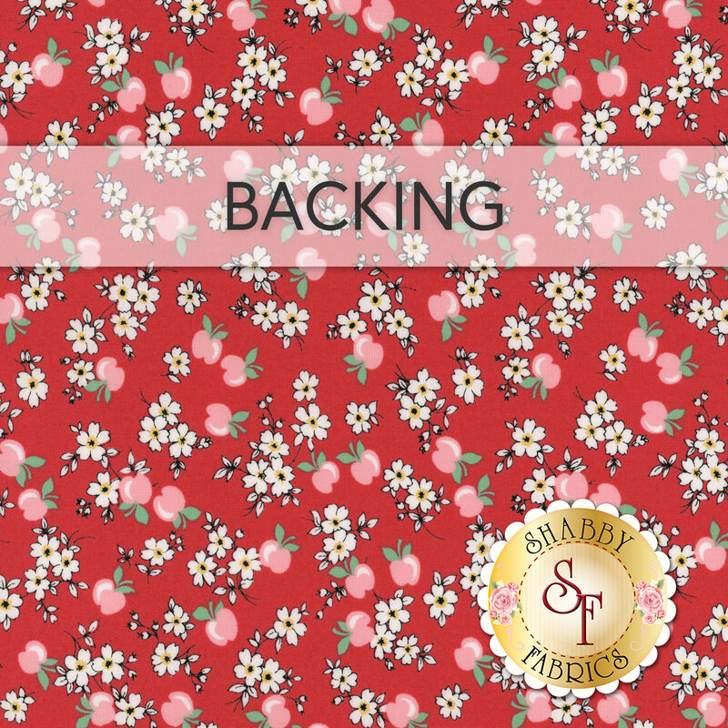 A swatch of red fabric tossed with white flowers and pink apples. A transparent banner at the top reads "Backing" and a gold Shabby Fabrics logo rests in the bottom right corner. 