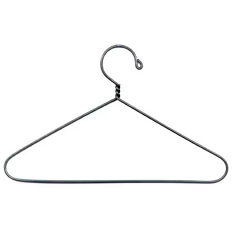 A simple wire coat hanger with a hook at the top for hanging garments.