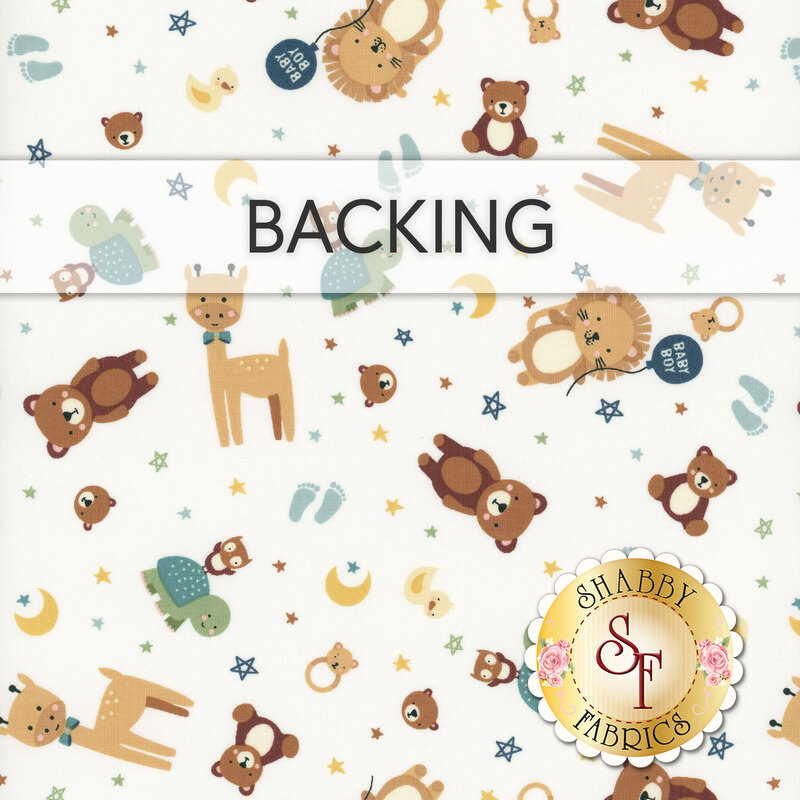 A white pattern featuring various cute animal illustrations, baby footprints, and stars. A banner at the top reads "Backing" and a golden Shabby Fabrics logo is in the bottom right corner.