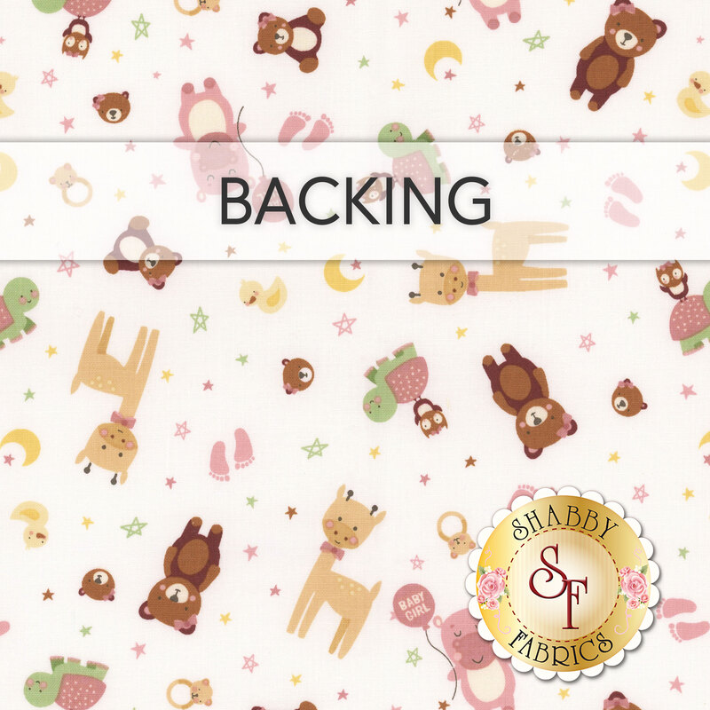A white and pink pattern featuring various cute animal illustrations, baby footprints, and stars. A banner at the top reads "Backing" and a golden Shabby Fabrics logo is in the bottom right corner.