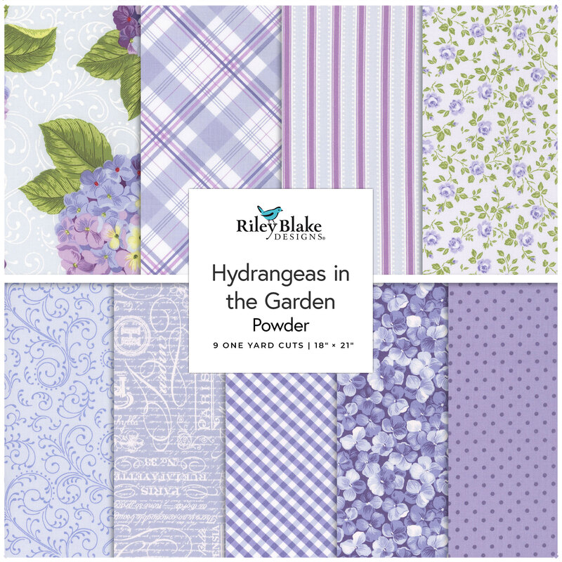 Collage of the nine fabrics included in the Powder One Yard Bundle, an array of florals and coordinating prints in cheerful shades of periwinkle blue.