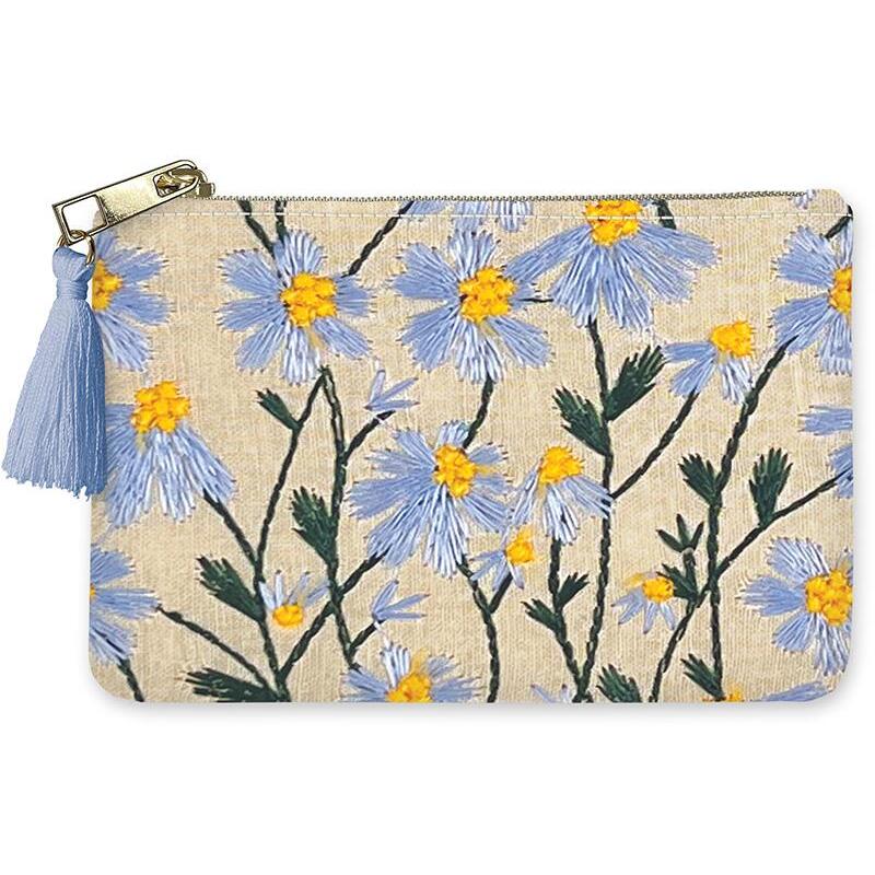 Canvas coin purse with blue and yellow floral embroidery isolated on a white background
