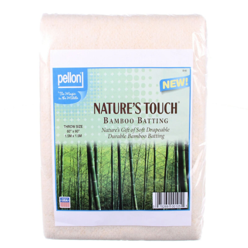 Package of Nature's Touch Bamboo Batting, featuring a soft drapable material with a bamboo forest image.