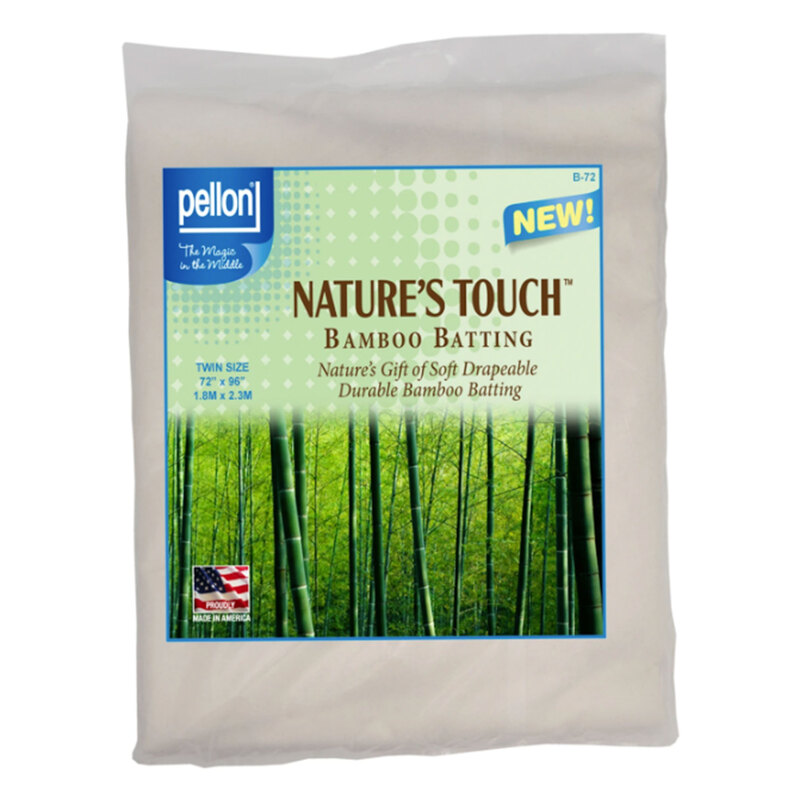 Package of Nature's Touch bamboo batting, highlighting its softness and durability, with bamboo imagery.