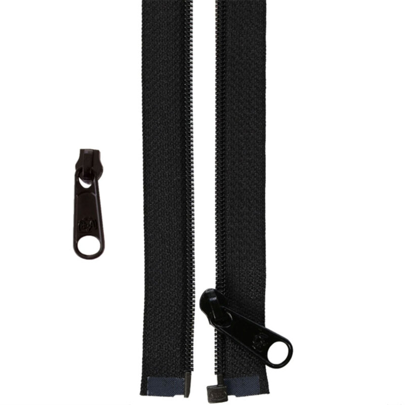 Black zipper with a pull tab, laid flat against a light background. Smaller pull tab is shown to the side.