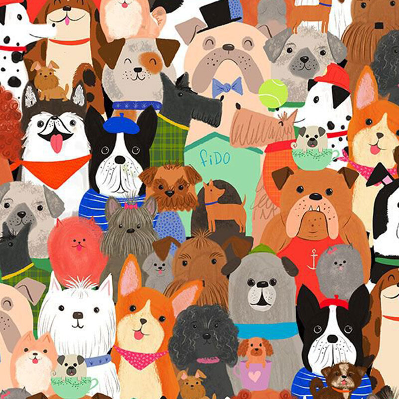 A multicolored fabric swatch featuring a packed design of stylized dogs.