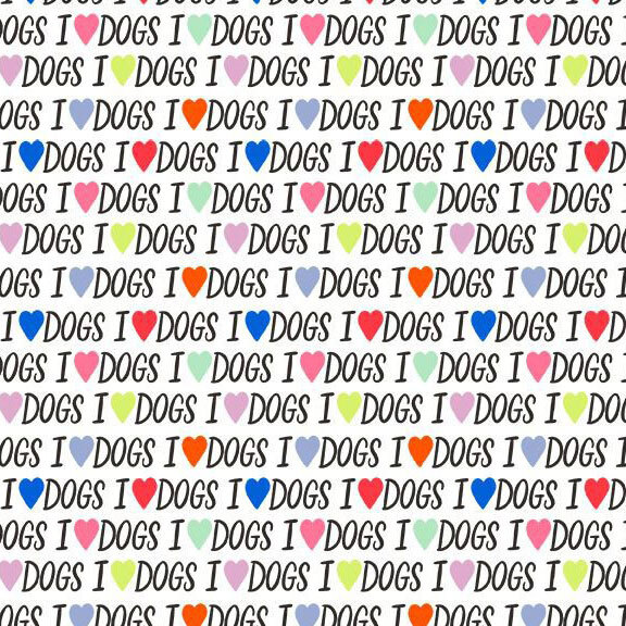 White fabric featuring the text "I love dogs" repeated with hearts instead of the word 'love.'