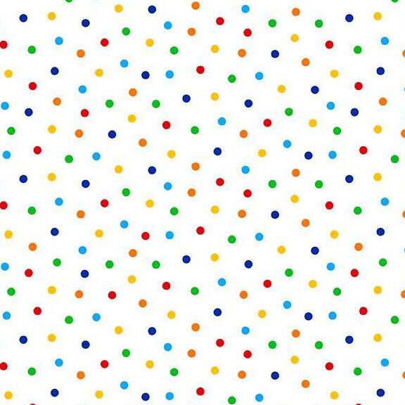 White fabric with bright red, orange, yellow, green, and blue polka dots.