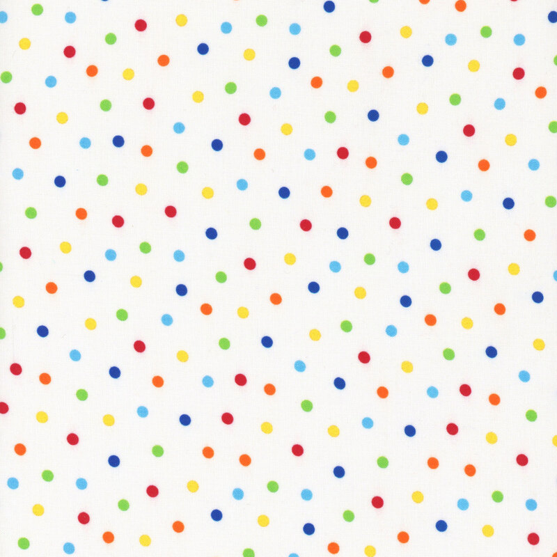 White fabric with bright red, orange, yellow, green, and blue polka dots.