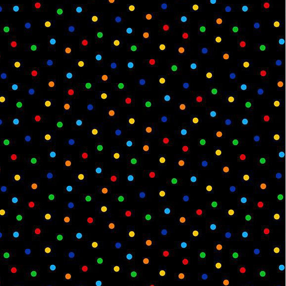 Black fabric with bright red, orange, yellow, green, and blue polka dots.