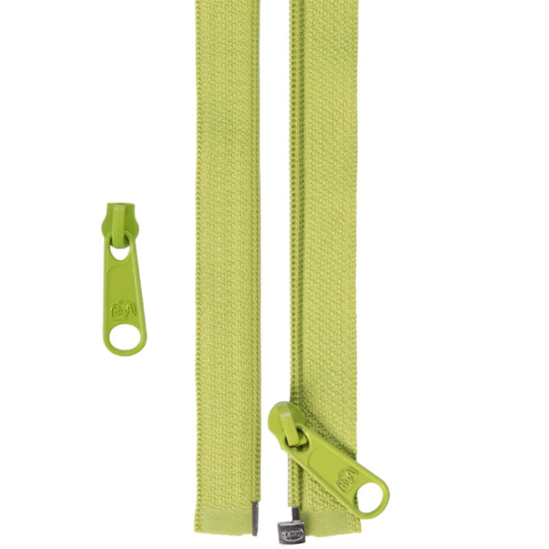 Apple green zipper with a pull tab, laid flat against a light background. Smaller pull tab is shown to the side.