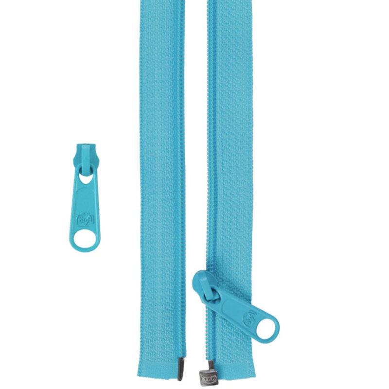 Parrot Blue zipper with a pull tab, laid flat against a light background. Smaller pull tab is shown to the side.