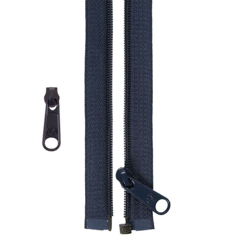 Navy zipper with a pull tab, laid flat against a light background. Smaller pull tab is shown to the side.