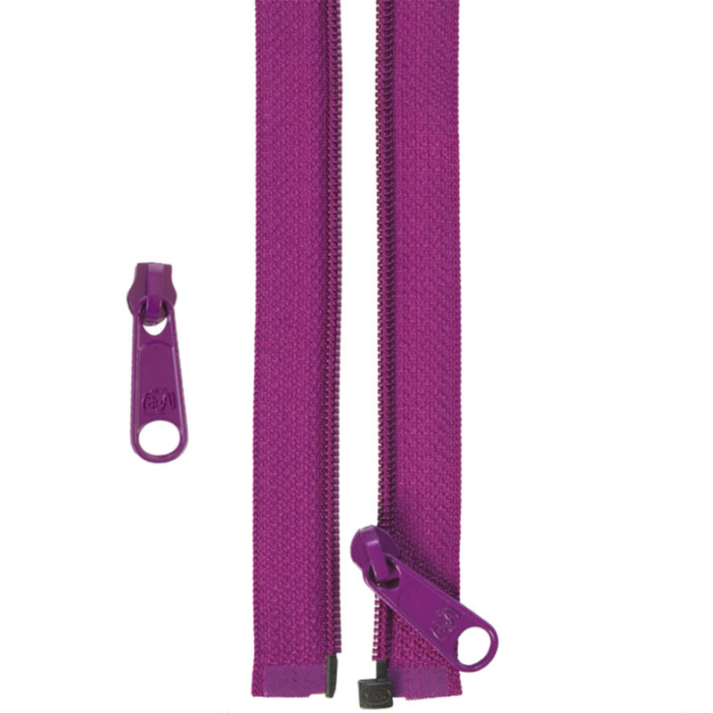 Purple zipper with a pull tab, laid flat against a light background. Smaller pull tab is shown to the side.
