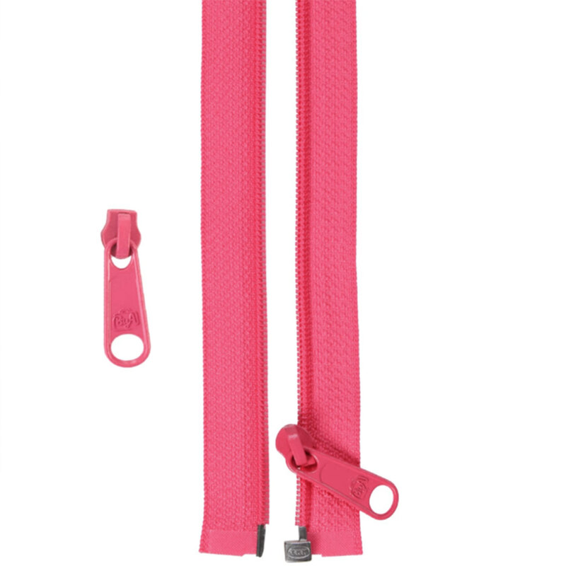 Pink zipper with a pull tab, laid flat against a light background. Smaller pull tab is shown to the side.