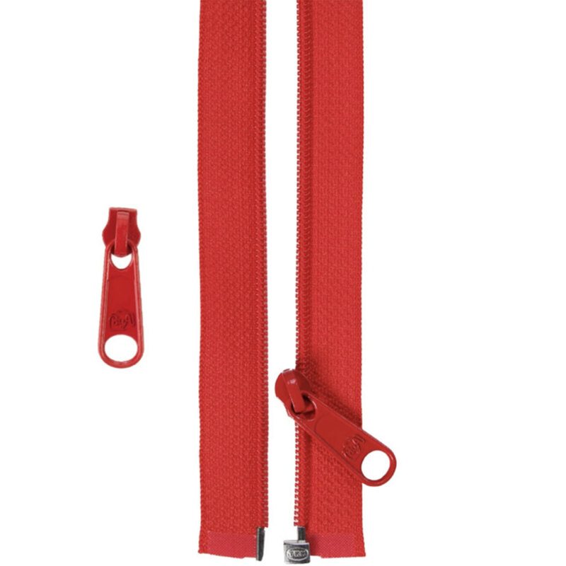 Atom Red zipper with a pull tab, laid flat against a light background. Smaller pull tab is shown to the side.