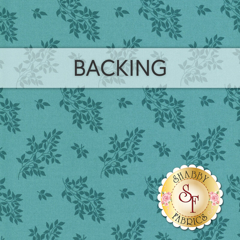 A teal blue fabric with tonal tossed leaf clusters. A banner at the top reads "backing" and a gold "Shabby Fabrics" logo sits in the bottom right corner. 