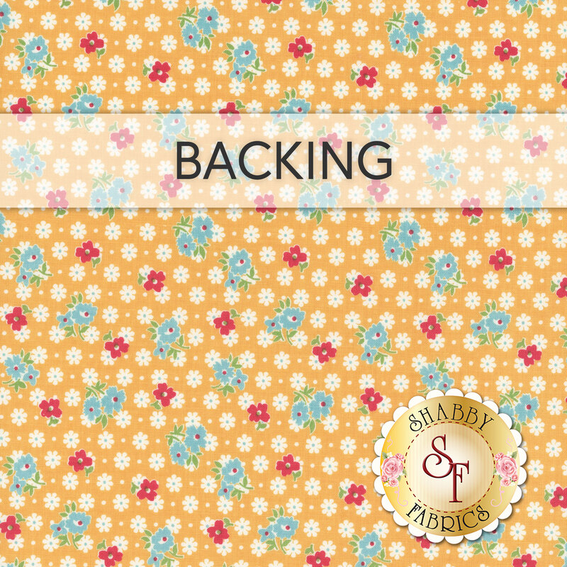 An orange fabric featuring a calico floral print in teal and red, with a banner on the top saying "Backing" and a gold Shabby Fabrics logo in the bottom right corner.