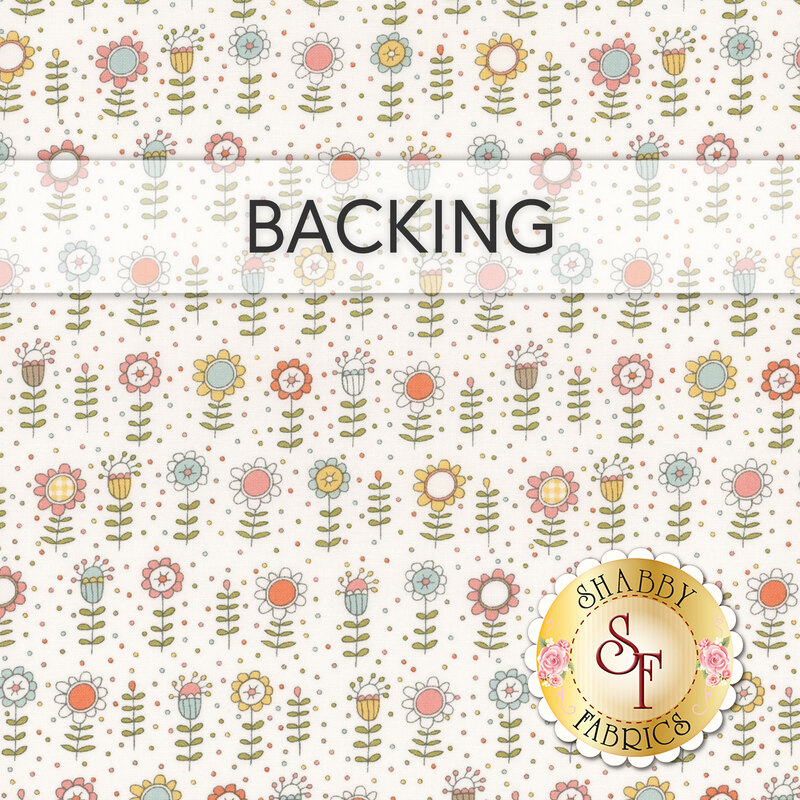 A white fabric swatch with scattered hand-drawn flowers and polka dots, a banner at the top reads "Backing" and a golden Shabby Fabrics logo sits in the lower right hand corner.