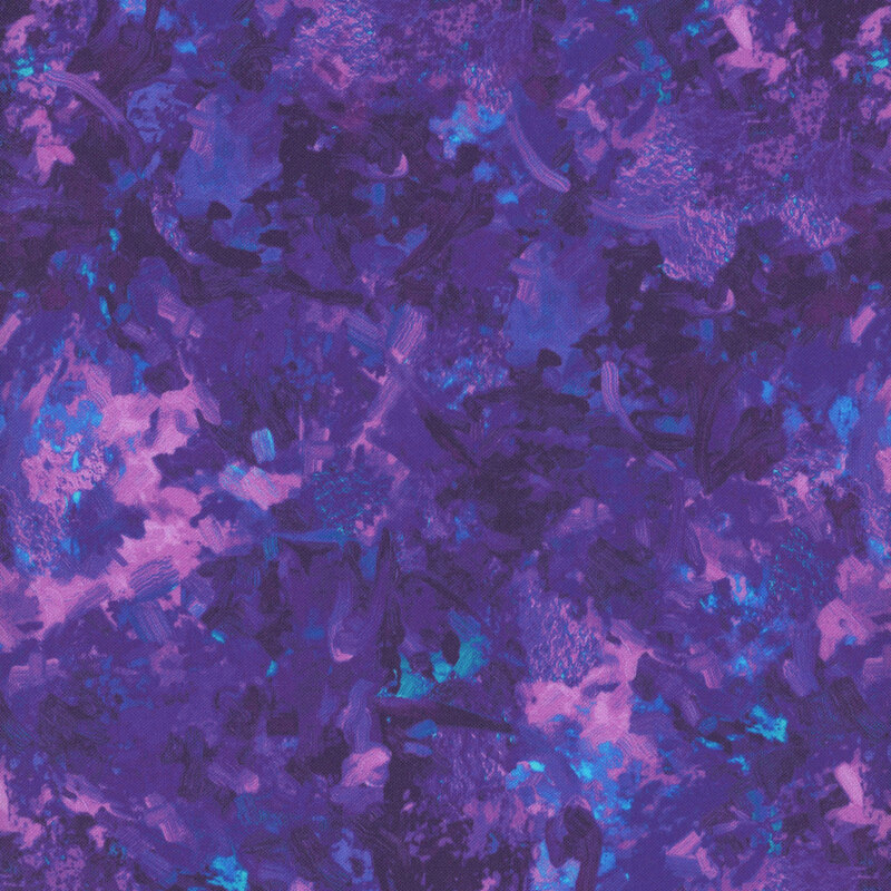 Fabric of a watercolor mottled print in a dark purple with subtle teal accents