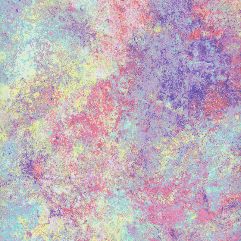 Mottled and textured fabric in pastel colors of yellow, pink, and purple.