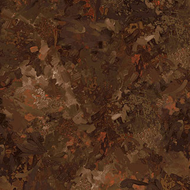 Fabric of a watercolor mottled print in a dark brown with subtle suede accents