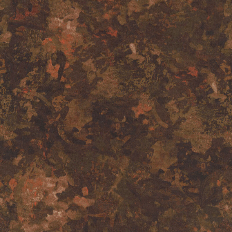 Fabric of a watercolor mottled print in a dark brown with subtle suede accents