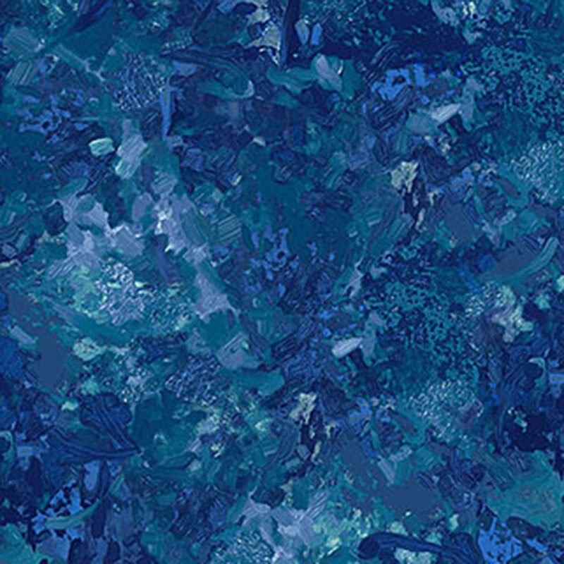 Fabric of a watercolor mottled print in a dark blue with subtle teal accents