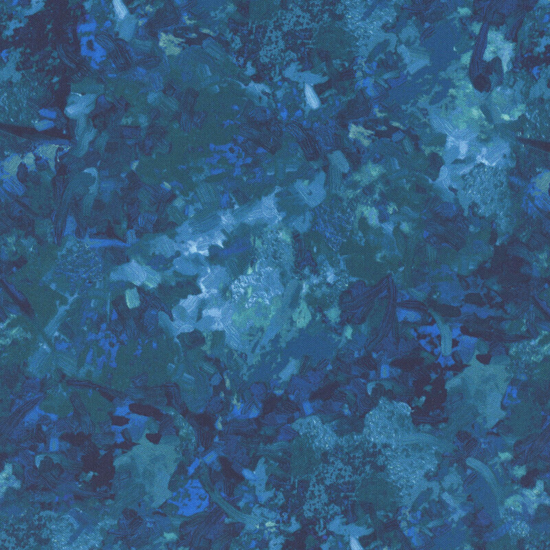 Fabric of a watercolor mottled print in a dark blue with subtle teal accents