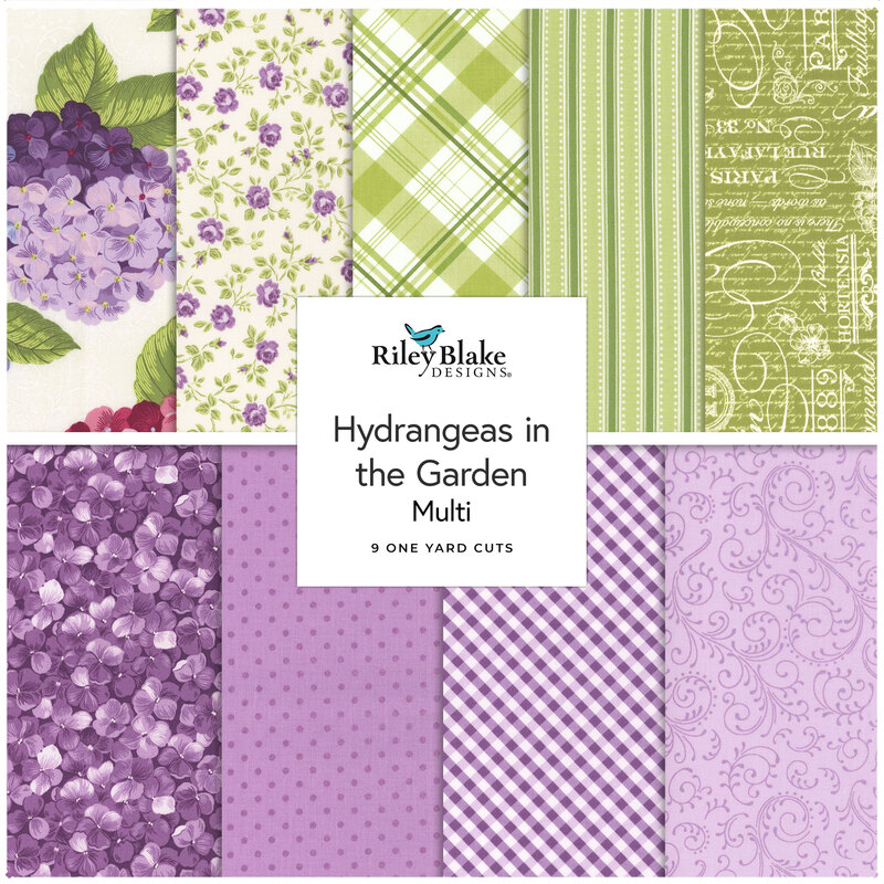 Collage of the nine fabrics included in the Multi One Yard Bundle, an array of florals and coordinating prints in cheerful shades of cream, green, and purple.