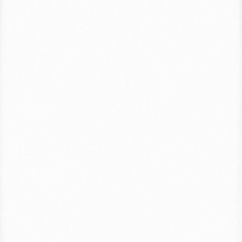 White on white fabric featuring scattered, leafy sprigs.