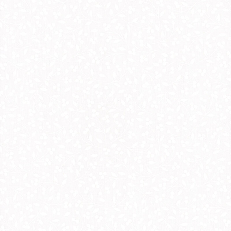 White on white fabric with leaves and vines.