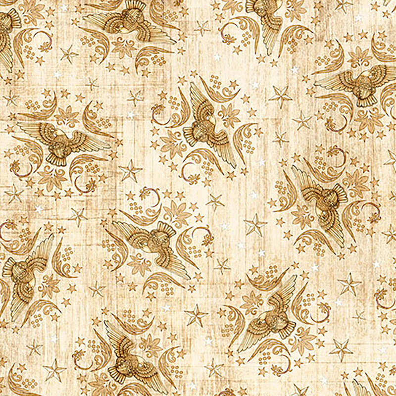 Textured ecru fabric with gold eagle and star motifs in a tossed pattern.