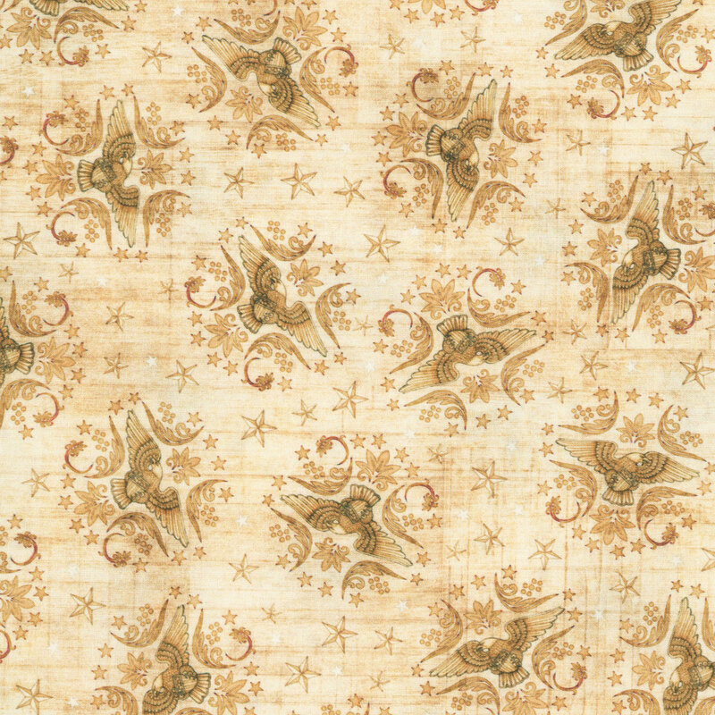 Textured ecru fabric with gold eagle and star motifs in a tossed pattern.