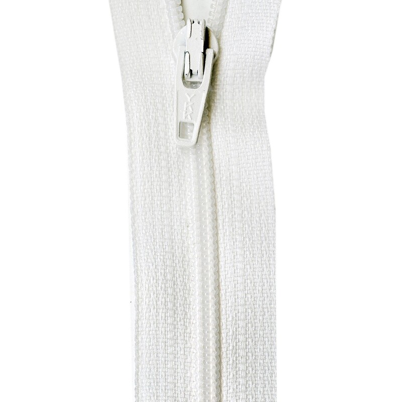 Close-up of a off-white colored zipper with a metal pull tab against a white background.