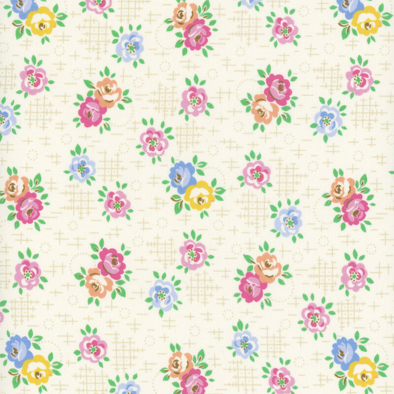 Cream fabric with tonal beige cross-hatching and bright pink, yellow, orange, and periwinkle roses. 