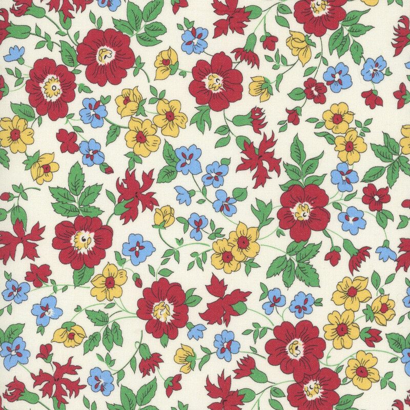 Beige fabric with a retro floral design in red, yellow, blue, and green. 