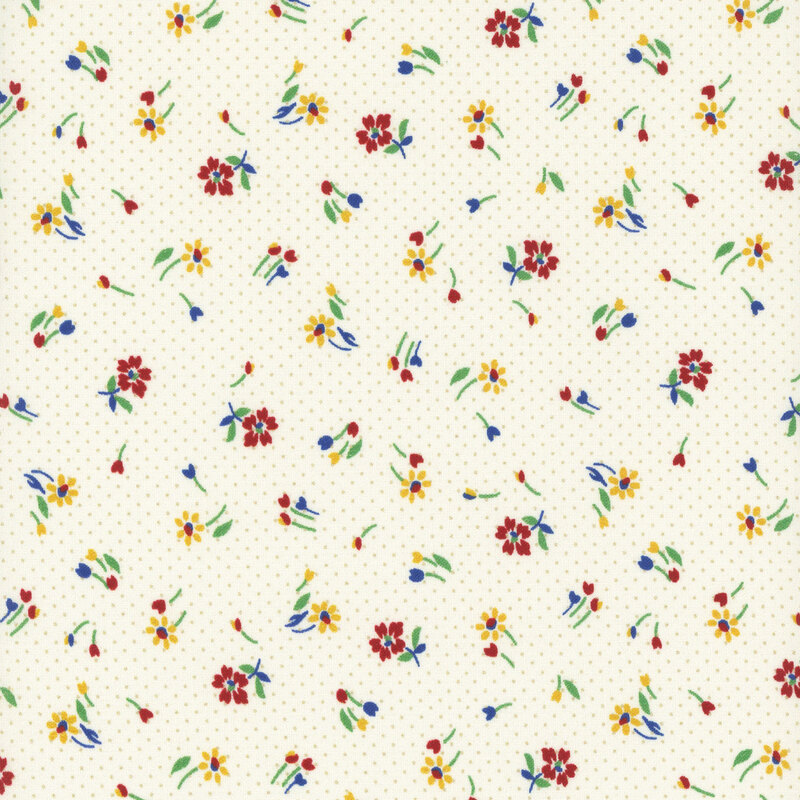 Tossed, retro florals in primary colors on a cream background with beige pin dots