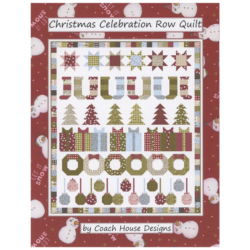 Front cover of the Christmas Celebration Row Quilt pattern, showing a digitized version of the completed quilt in holiday-themed fabrics.