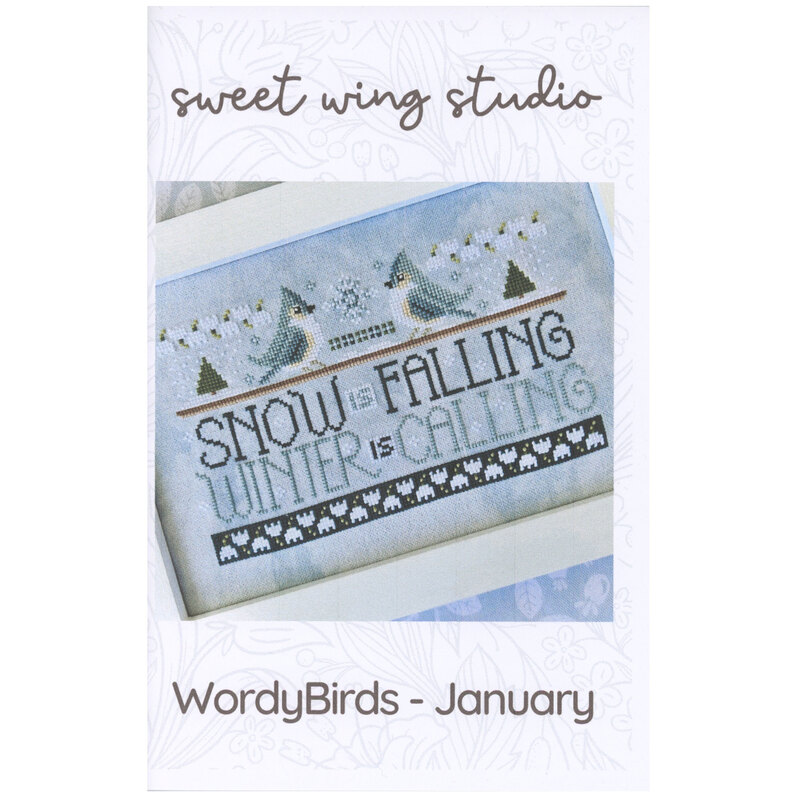 The front of the WordyBirds - January cross stitch pattern featuring the completed project in a white frame.