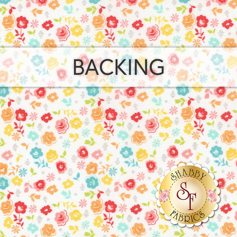 A swatch of white fabric with tossed pink, orange, yellow, and teal flowers. A banner at the top reads "Backing" and a golden Shabby Fabrics logo sits in the bottom right corner.