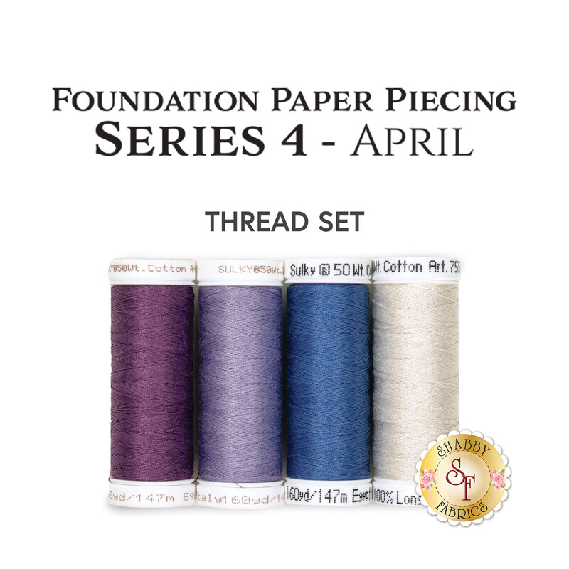 Four purple, blue, and white spools of thread included in the Foundation Paper Piecing Series 4 - April Thread Set, isolated on a white background below a text graphic.