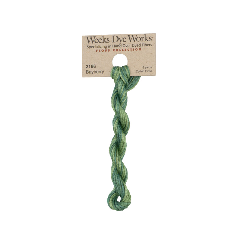 A skein of variegated pistachio and dark green embroidery floss, twisted and bundled, with a tan label featuring the brand name and color information.