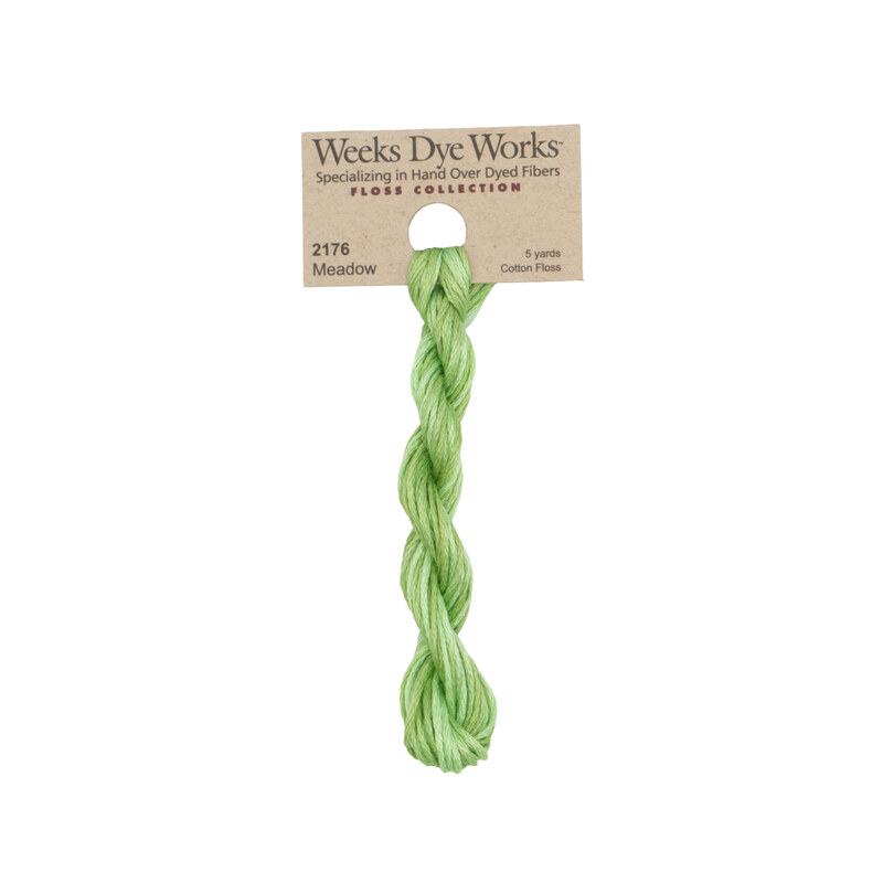 A skein of pistachio embroidery floss, twisted and bundled, with a tan label featuring the brand name and color information.