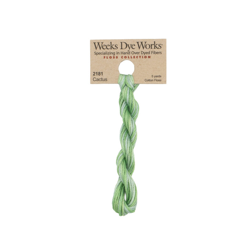 A skein of variegated mint and ice blue embroidery floss, twisted and bundled, with a tan label featuring the brand name and color information.