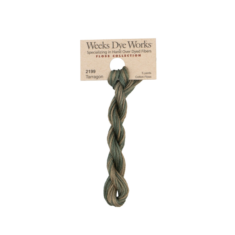 A skein of variegated dark jade and khaki embroidery floss, twisted and bundled, with a tan label featuring the brand name and color information.