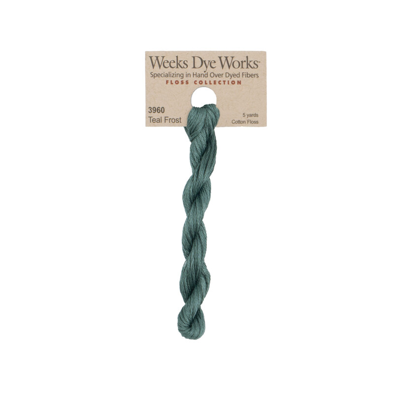 A skein of Turquoise embroidery floss, twisted and bundled, with a tan label featuring the brand name and color information.
