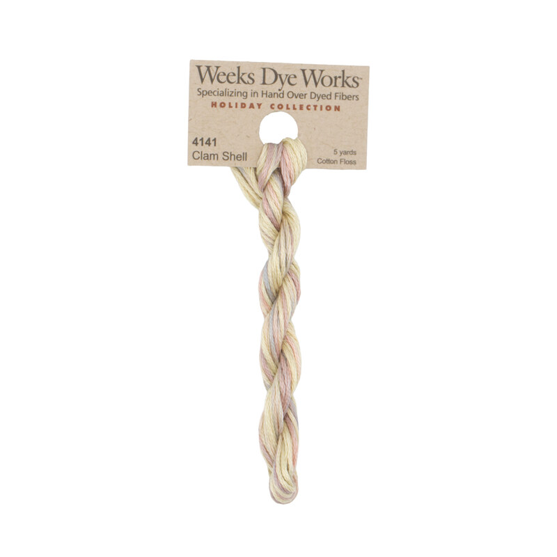 A skein of Variegated Pastel Pink, Purple, and White embroidery floss, twisted and bundled, with a tan label featuring the brand name and color information.