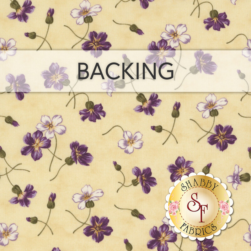 A swatch of cream fabric with tossed purple and lavender flowers with stems. A banner at the top reads "Backing" and a golden Shabby Fabrics logo can be seen in the lower right hand corner.