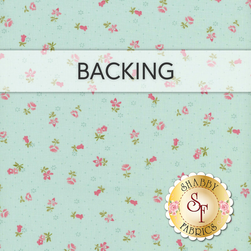 A swatch of light blue fabric with tiny pink roses. A banner reads "Backing" and a golden Shabby Fabrics logo sits in the bottom right corner.
